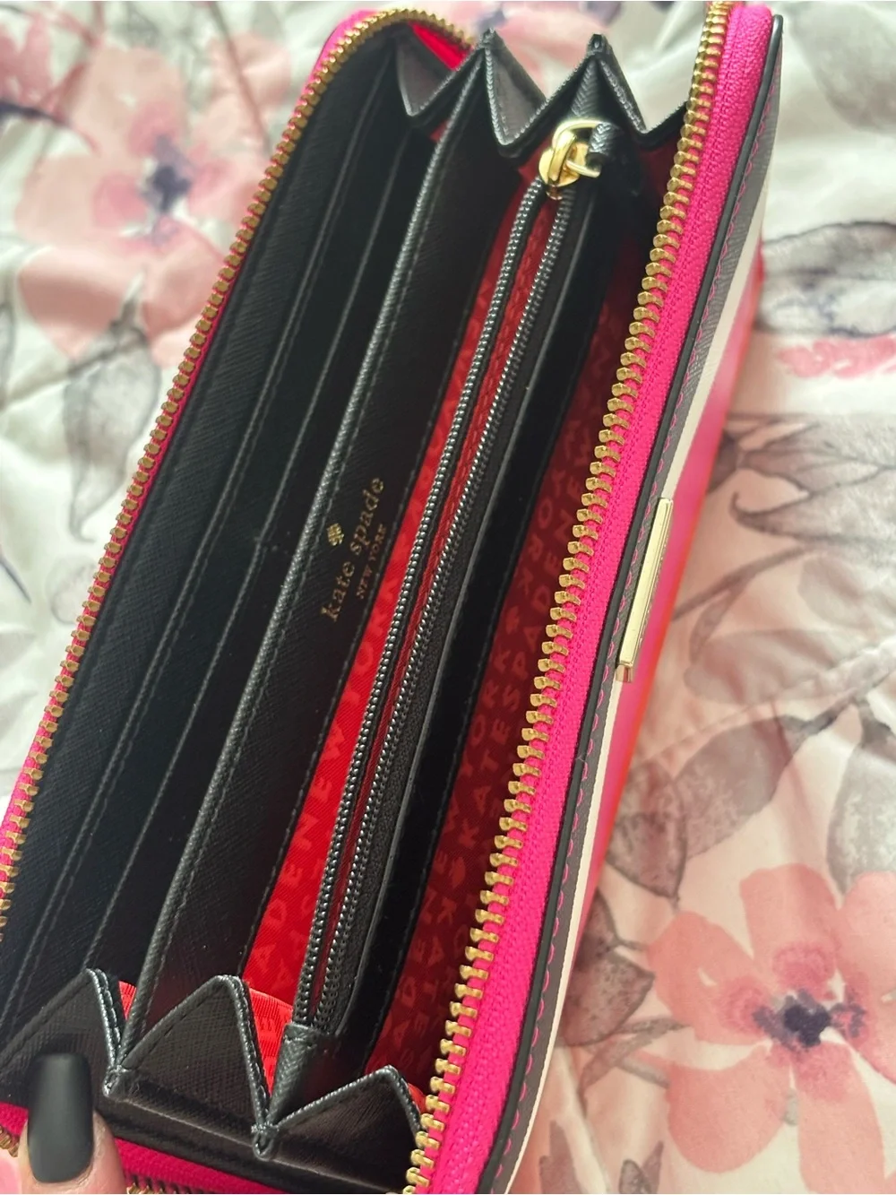 kate spade Striped Zip Wallet in Hot Pink, Fuchsia, Red & White
